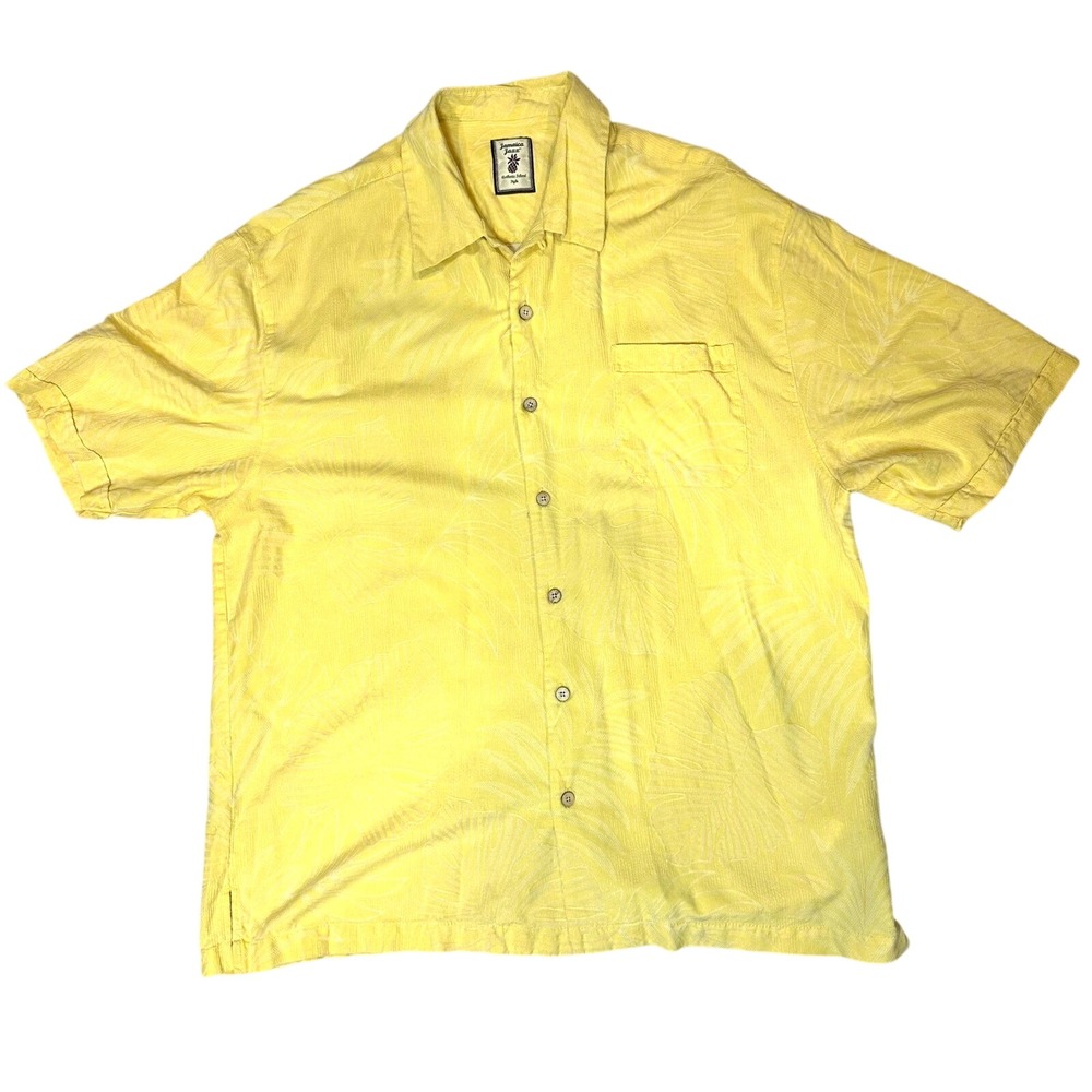 Jamaica Jaxx Mens XL Yellow 100% Silk Jacquard Leaf Short Sleeve Button Shirt
